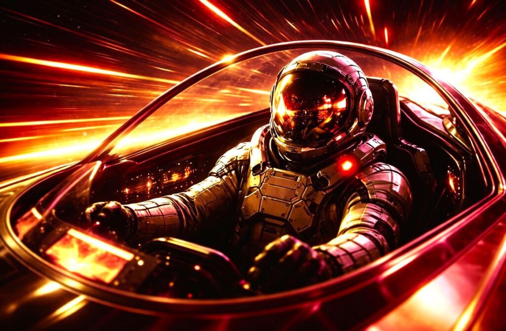 Astronaut in his futuristic spaceship at high speed