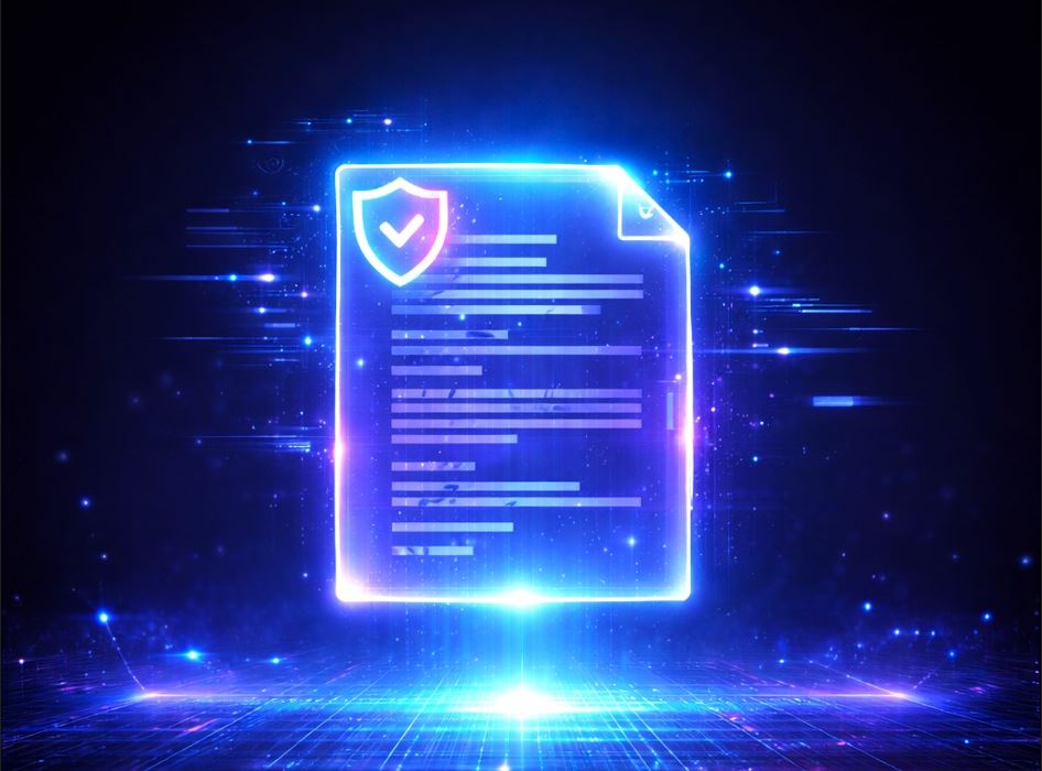 Holographic document with shield icon