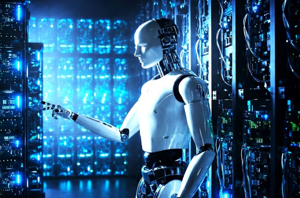 Humanoid robot working in a datacenter